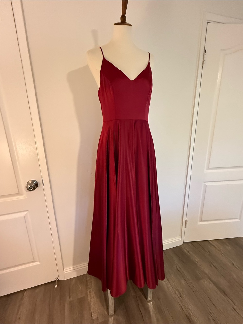 B Darlin Satin Burgundy Spaghetti-Strap Maxi Gown